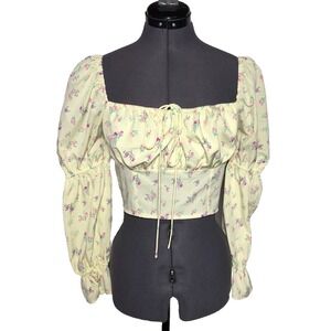 Milk & Honey Floral Puff Sleeve Crop Top Cottagecore Peasant Blouse B-36 L-15 M